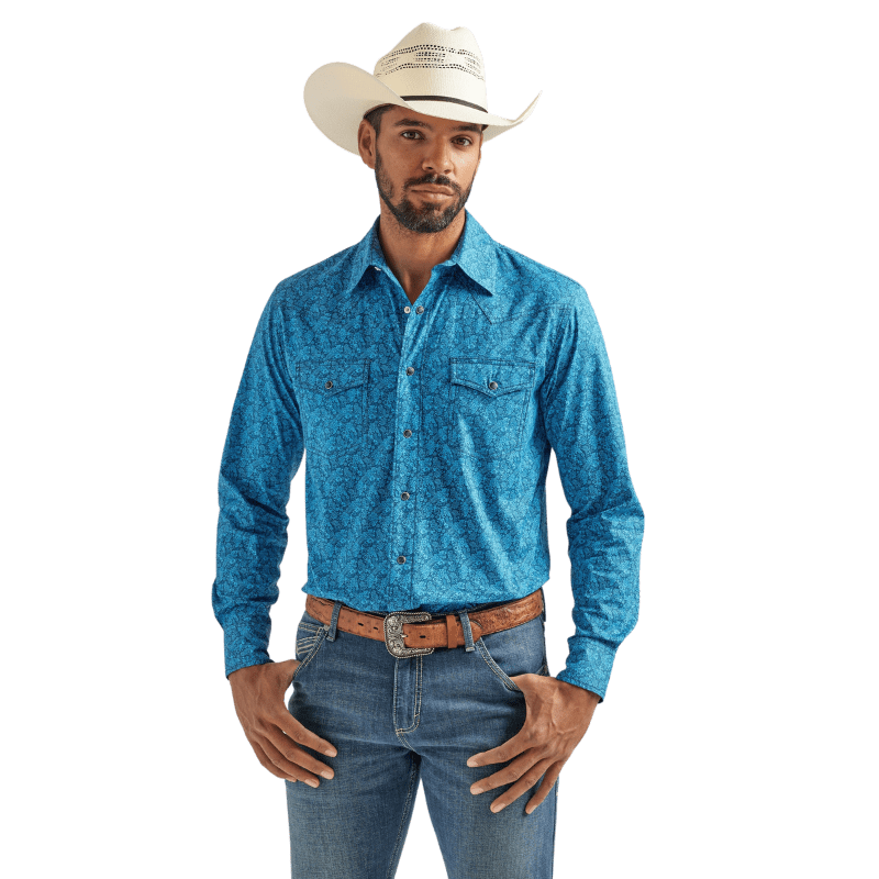 WRANGLER JEANS Shirts Wrangler Men's 20x Advanced Comfort Blue Print Long Sleeve Western Snap Shirt 112324831