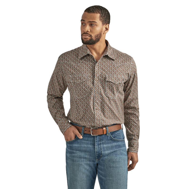 WRANGLER JEANS Shirts Wrangler Men's 20x Advanced Comfort Chocolate Orange Long Sleeve Western Snap Shirt 112338015