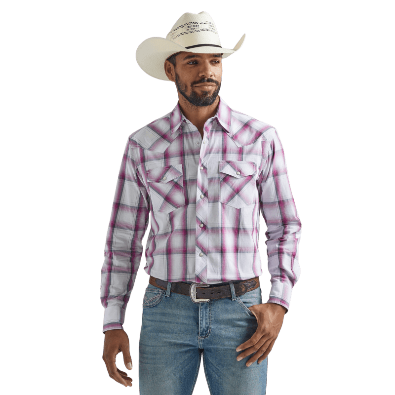 WRANGLER JEANS Shirts Wrangler Men's 20X Competition Advanced Comfort Big Pink Long Sleeve Two Pocket Western Plaid Snap Shirt 112324837