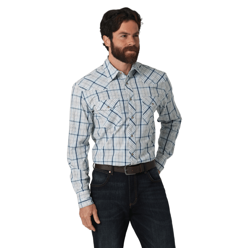 WRANGLER JEANS Shirts Wrangler Men's 20X® Competition Advanced Comfort Blue Cove Long Sleeve Two Pocket Western Snap Plaid Shirt 112317142