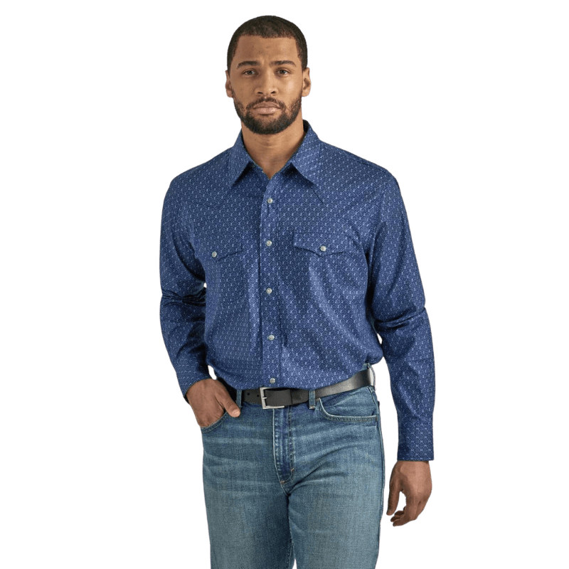 WRANGLER JEANS Shirts Wrangler Men's 20X Competition Advanced Comfort Blue Long Sleeve Western Snap Shirt 112338021