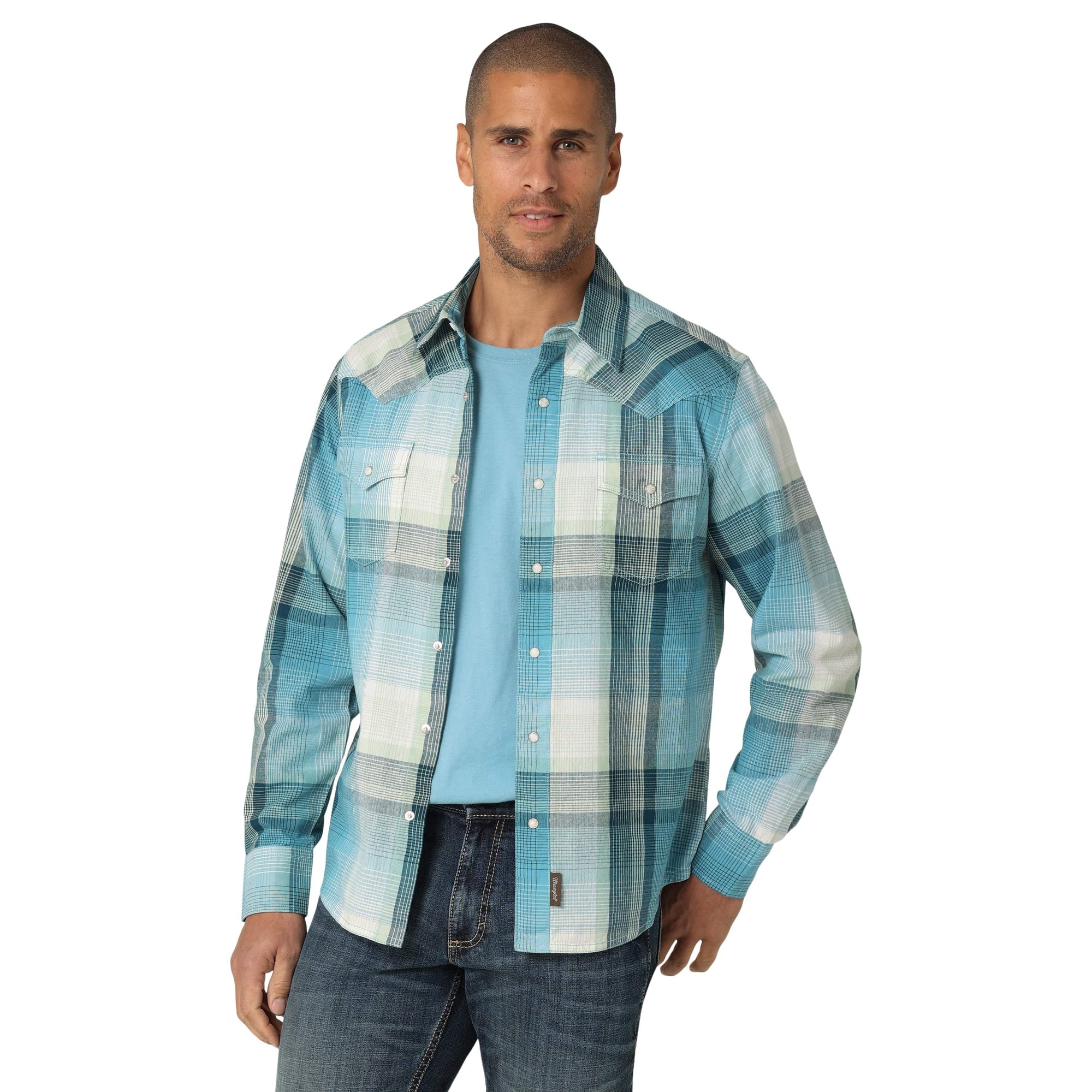 WRANGLER JEANS Shirts Wrangler Men's Blue Light Plaid Slim Fit Long Sleeve Snap Shirt 112324851