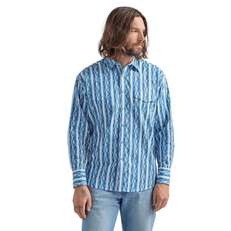 Wrangler Men s Checotah Blue Long Sleeve Western Printed Shirt