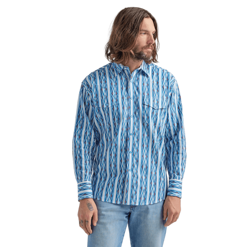 WRANGLER JEANS Shirts Wrangler Men's Checotah Blue Long Sleeve Western Printed Shirt 112324789