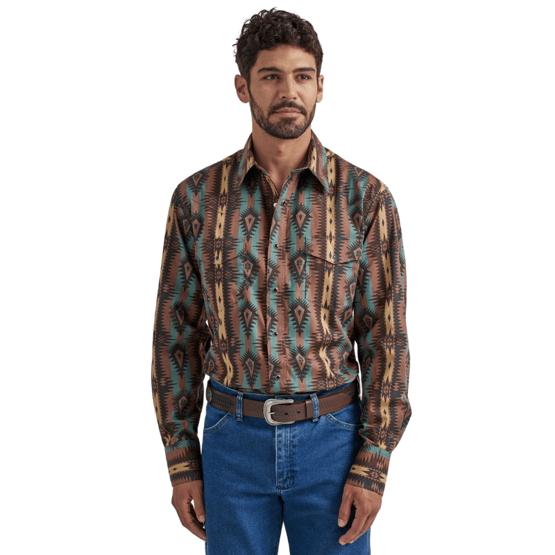 WRANGLER JEANS Shirts Wrangler Men's Checotah Classic Fit Chocolate Brown Print Long Sleeve Western Snap Shirt 112337428
