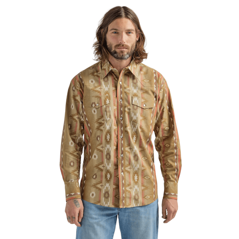 WRANGLER JEANS Shirts Wrangler Men's Checotah Sandy Brown Printed Long Sleeve Western Snap Shirt 112324786