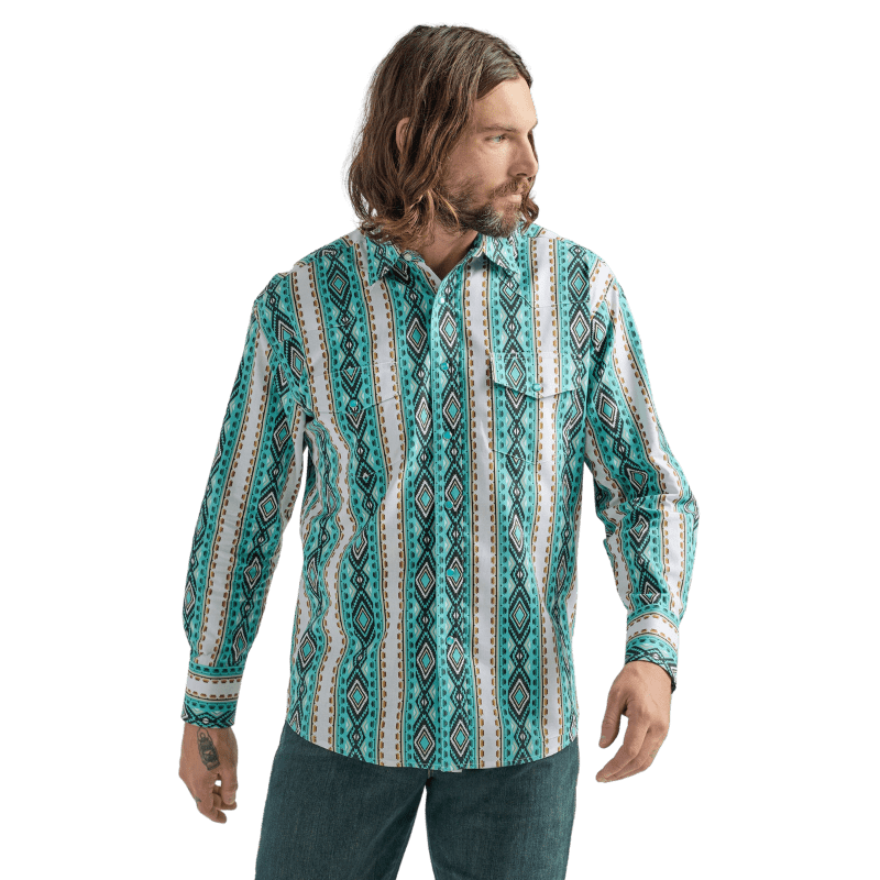 WRANGLER JEANS Shirts Wrangler Men's Checotah Turquoise Long Sleeve Western Printed Shirt 112324790