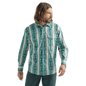 WRANGLER JEANS Shirts Wrangler Men's Checotah Turquoise Long Sleeve Western Printed Shirt 112324790