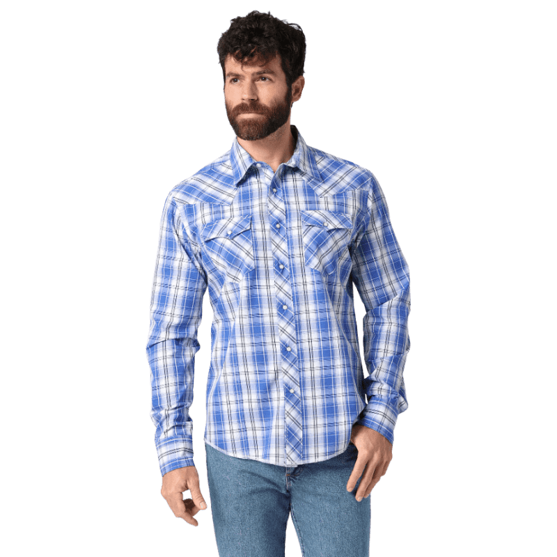 WRANGLER JEANS Shirts Wrangler Men's Dazzling Blue Long Sleeve Fashion Western Snap Plaid Shirt 112318679