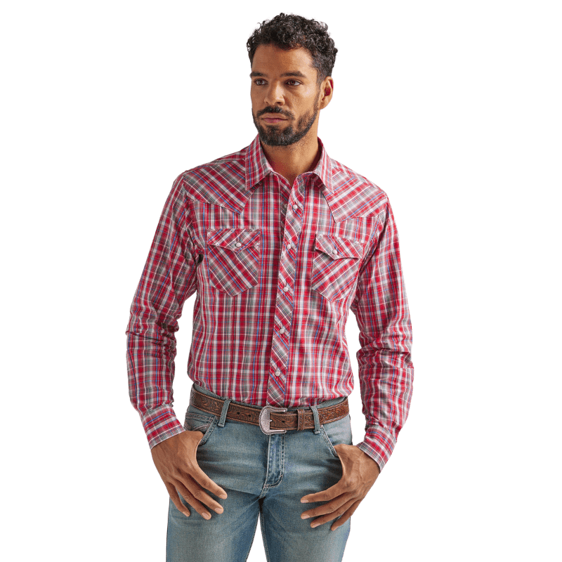 WRANGLER JEANS Shirts Wrangler Men's Fashion Med Red Long Sleeve Western Snap Plaid Shirt 112324666