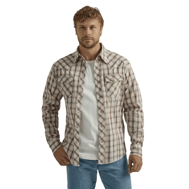 WRANGLER JEANS Shirts Wrangler Men's Fashion Medium Brown Plaid Long Sleeve Western Snap Shirt 112324668