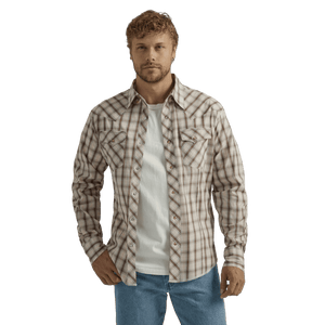 WRANGLER JEANS Shirts Wrangler Men's Fashion Medium Brown Plaid Long Sleeve Western Snap Shirt 112324668