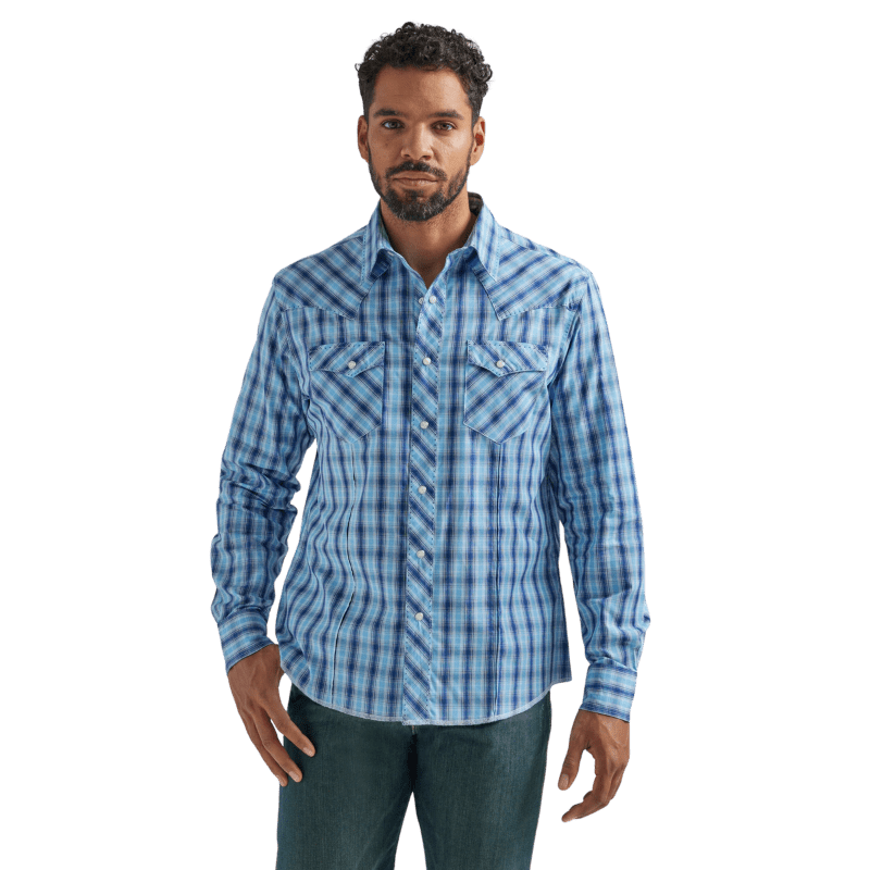 WRANGLER JEANS Shirts Wrangler Men's Fashion Navy Blue Long Sleeve Western Snap Plaid Shirt 112324669