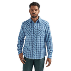 WRANGLER JEANS Shirts Wrangler Men's Fashion Navy Blue Long Sleeve Western Snap Plaid Shirt 112324669