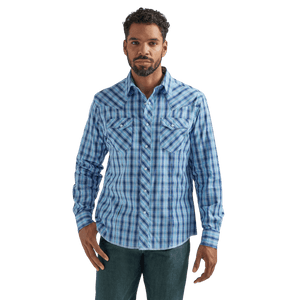 WRANGLER JEANS Shirts Wrangler Men's Fashion Navy Blue Long Sleeve Western Snap Plaid Shirt 112324669