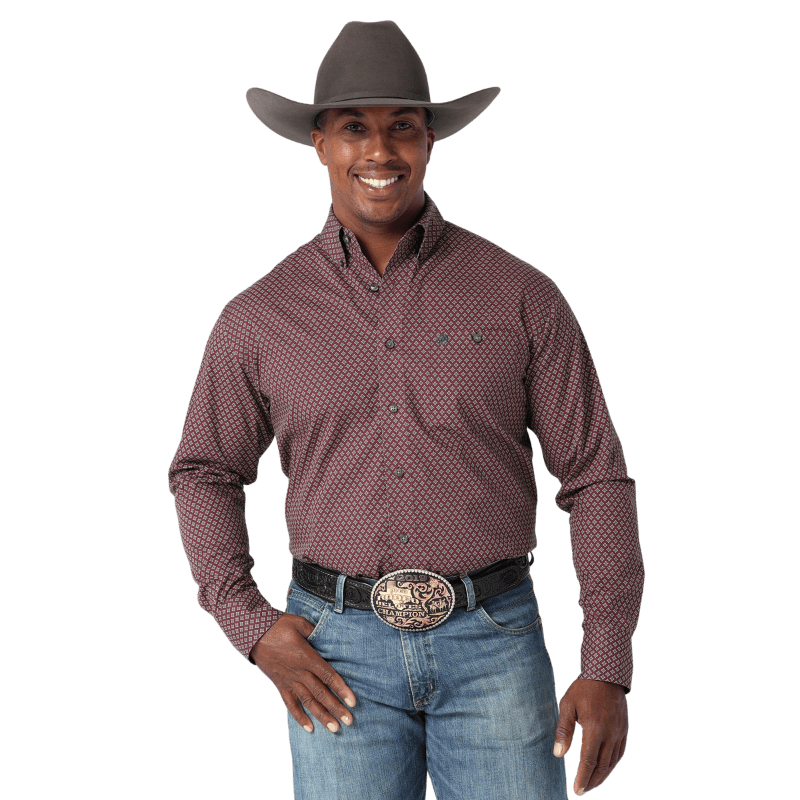 WRANGLER JEANS Shirts Wrangler Men's Geo Print Burgundy Long Sleeve Button Down Shirt 112317053
