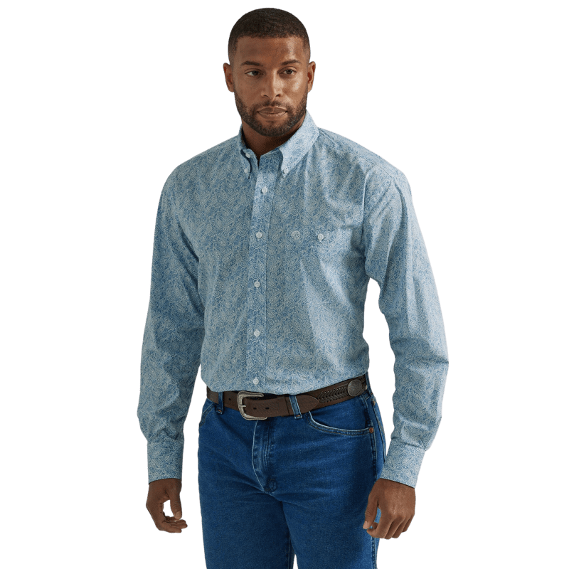 WRANGLER JEANS Shirts Wrangler Men's George Strait Blue Paisley Long Sleeve Button Down Western Shirt 112331729