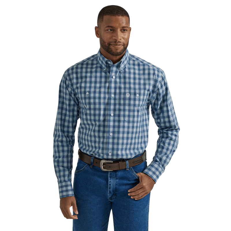 WRANGLER JEANS Shirts Wrangler Men's George Strait Blue Plaid Long Sleeve Button Down Western Shirt 112331813