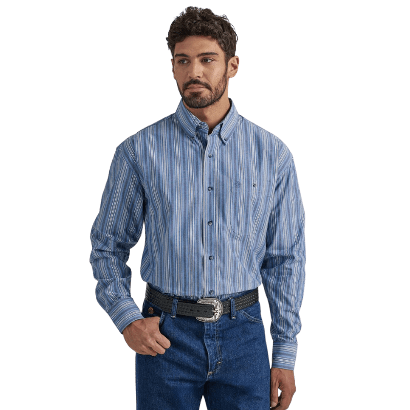 WRANGLER JEANS Shirts Wrangler Men's George Strait Blue Stripe Long Sleeve Western Shirt 112338098
