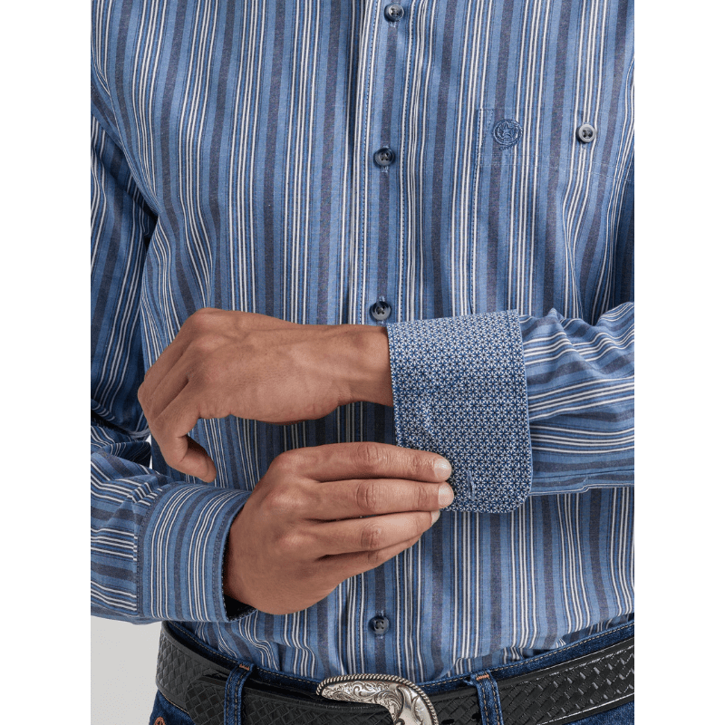 Wrangler Men's George Strait Blue Stripe Long Sleeve Western Shirt 112338098 Wrangler Men's George Strait Blue Stripe Long Sleeve Western Shirt 112338098
