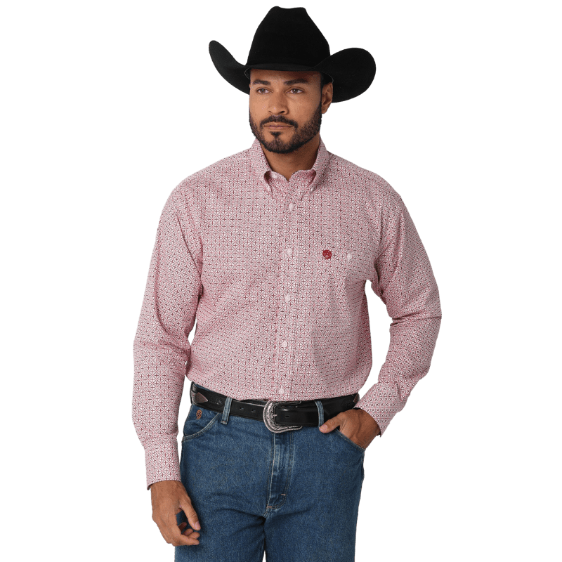 WRANGLER JEANS Shirts Wrangler Men's George Strait Crossed Red Long Sleeve Button Down One Pocket Print Shirt 112318998
