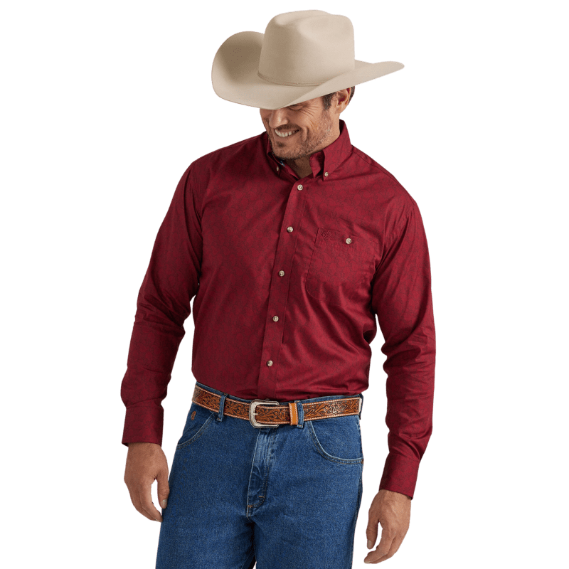 WRANGLER JEANS Shirts Wrangler Men's George Strait Deep Crimson Relaxed Fit Long Sleeve Shirt 112338090