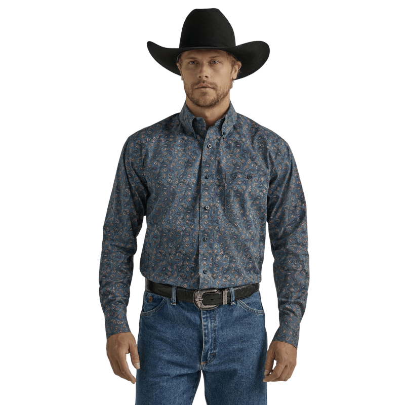 WRANGLER JEANS Shirts Wrangler Men's George Strait Navy Paisley Long Sleeve Button Down Western Shirt 112331808