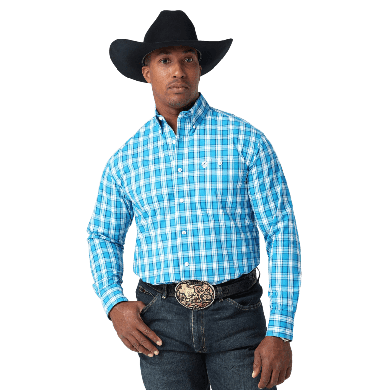 WRANGLER JEANS Shirts Wrangler Men's George Strait Tranquil Blue Two Pocket Long Sleeve Button Down Shirt 112317181