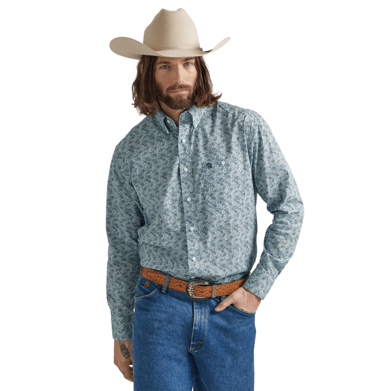 WRANGLER JEANS Shirts Wrangler Men’s George Strait True Paisley Aqua Long Sleeve Button Down One Pocket Print Shirt 112327836