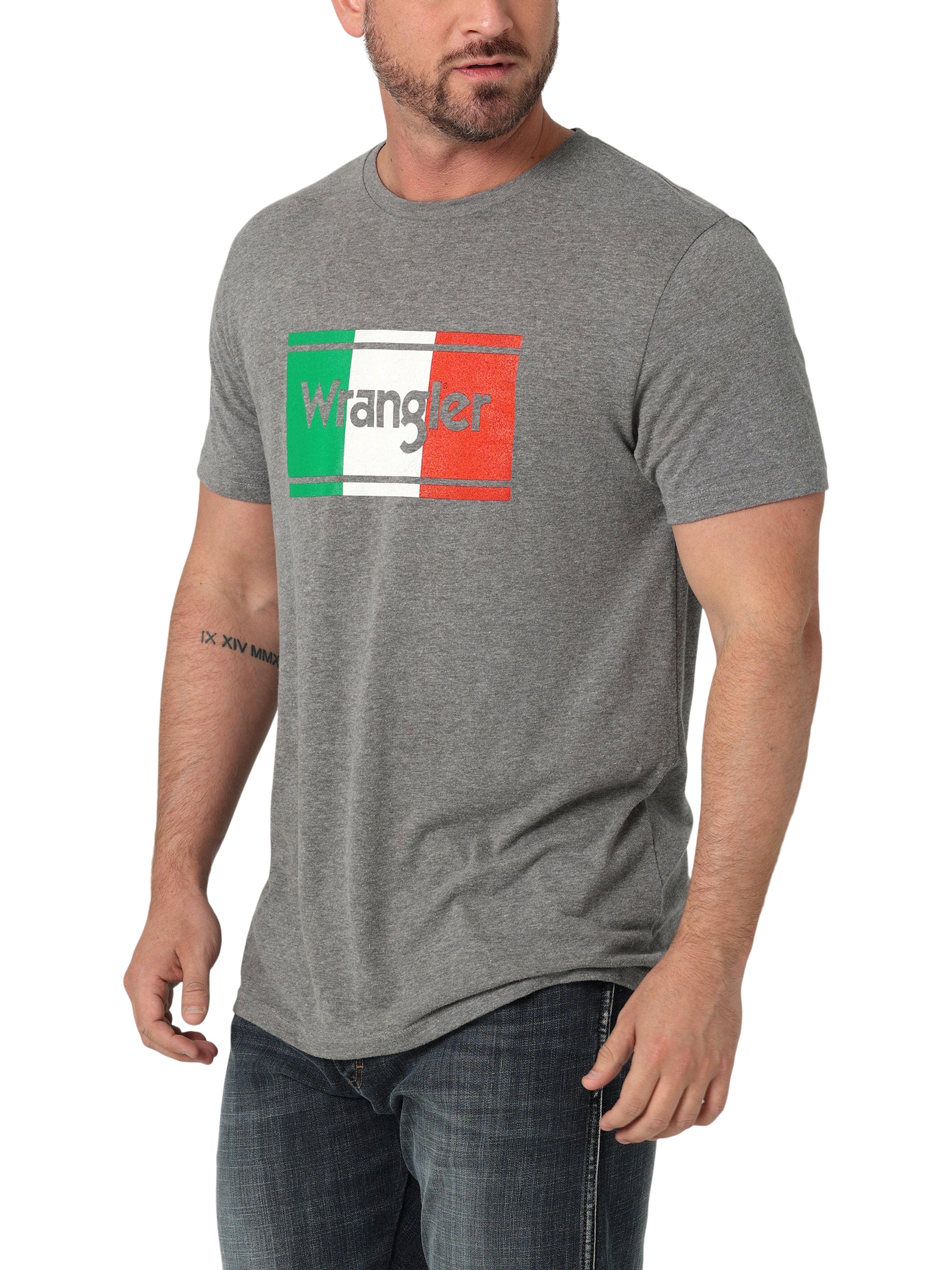 Wrangler Men's Graphite Heather Mexican Flag Short Sleeve T-Shirt
