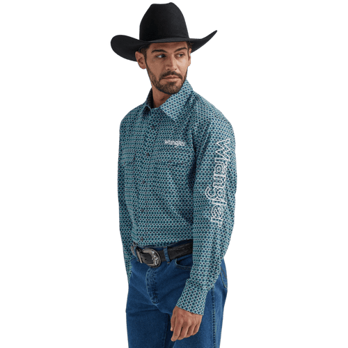 Wrangler Men's Logo Blue Diamonds Long Sleeve Western Snap Shirt