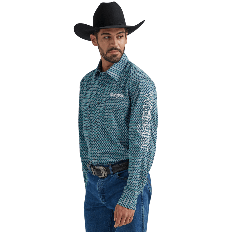 WRANGLER JEANS Shirts Wrangler Men's Logo Blue Diamonds Long Sleeve Western Snap Shirt 112337440