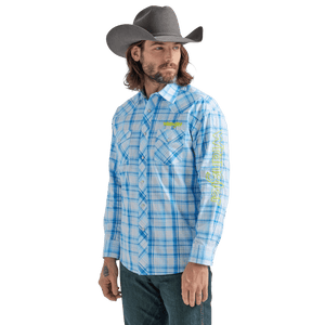 WRANGLER JEANS Shirts Wrangler Men's Logo Sea Blue Plaid Long Sleeve Western Snap Shirt 112324644