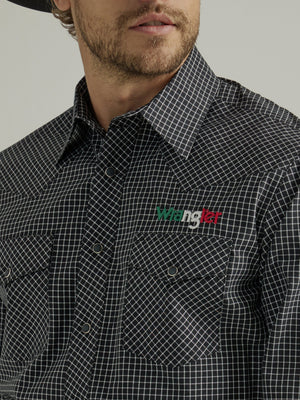 WRANGLER JEANS Shirts Wrangler Men's Mexico Black & White Plaid Print Embroidery Long Sleeve Western Shirt 112330376