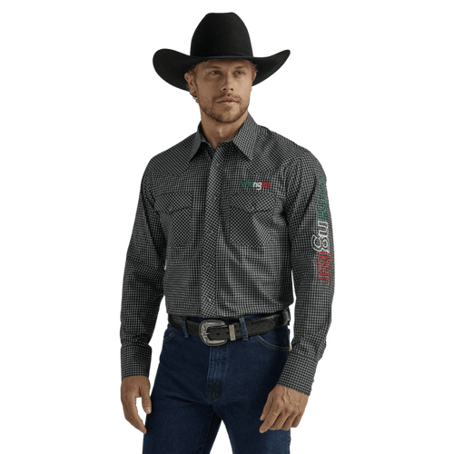 Wrangler Men's Mexico Black & White Plaid Print Embroidery Long