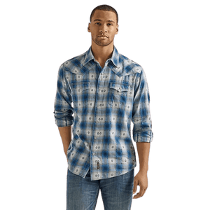 WRANGLER JEANS Shirts Wrangler Men's Retro Blue Geo Overprint Long Sleeve Western Snap Shirt 112338151
