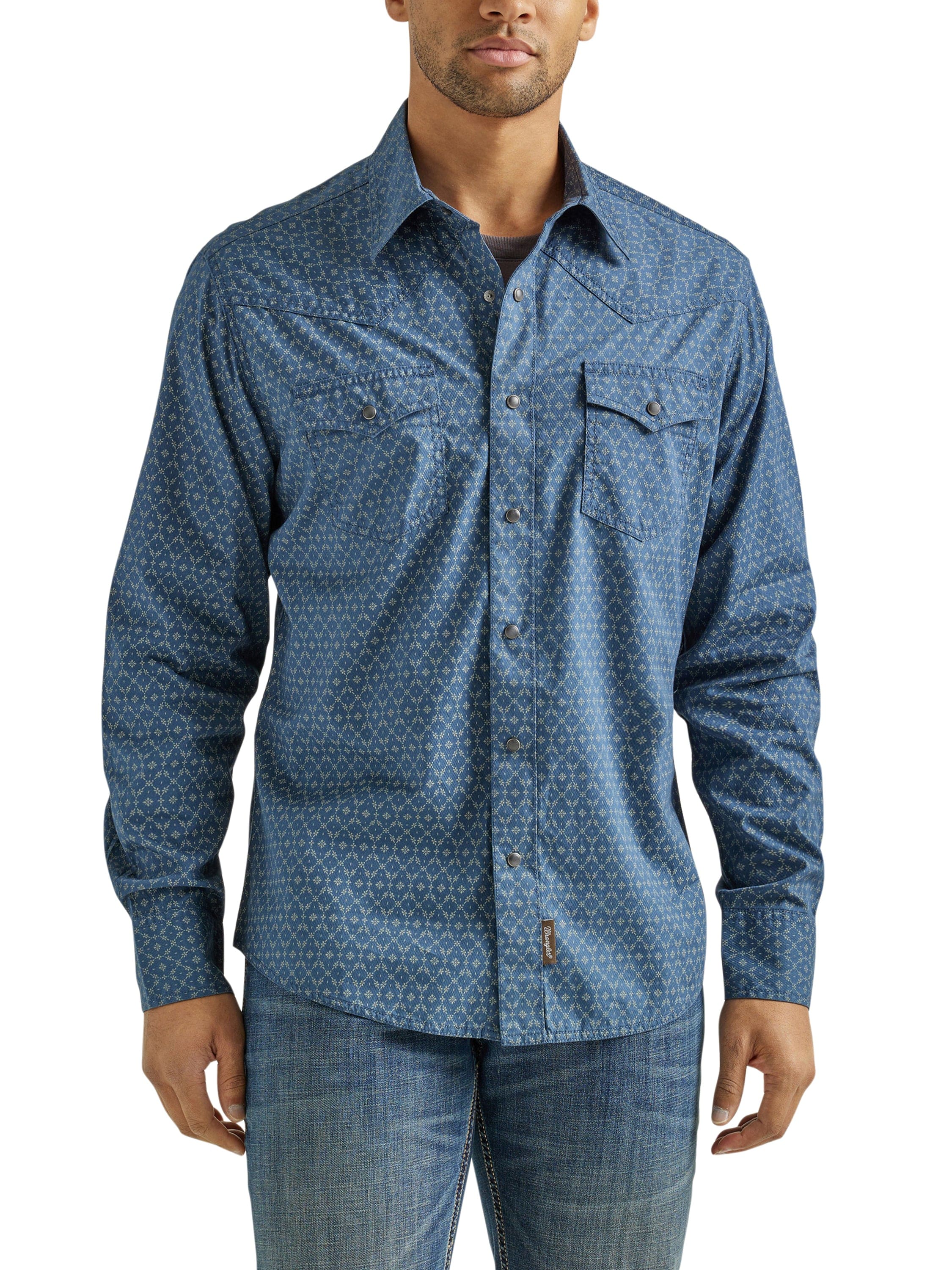 WRANGLER JEANS Shirts Wrangler Men's Retro Premium Blue Flower Chain Long Sleeve Snap Shirt 112338158