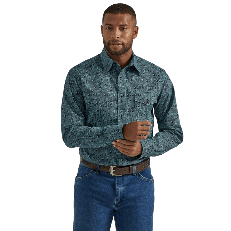 WRANGLER JEANS Shirts Wrangler Men's Silver Edition Classic Fit Blue Print Long Sleeve Snap Shirt 112330367