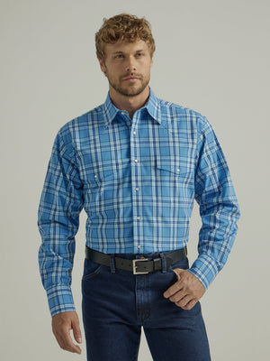 WRANGLER JEANS Shirts Wrangler Men's Wrinkle Resist Blue Long Sleeve Snap Shirt 112330343