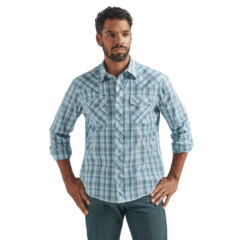WRANGLER JEANS Shirts Wrangler Men's Wrinkle Resist Blue Plaid Long Sleeve Western Snap Shirt 112324667