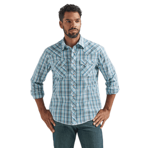 WRANGLER JEANS Shirts Wrangler Men's Wrinkle Resist Blue Plaid Long Sleeve Western Snap Shirt 112324667