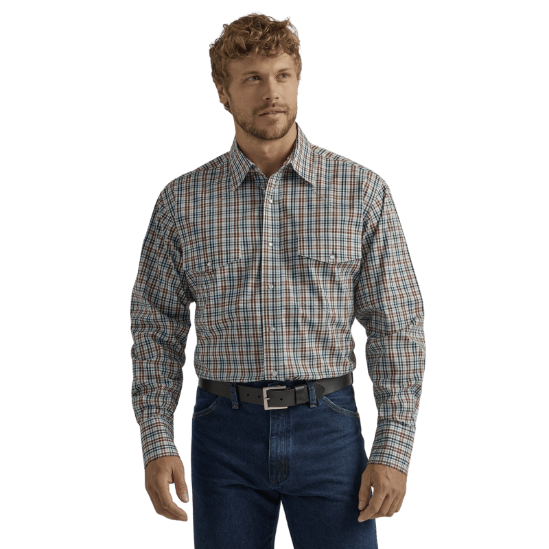 WRANGLER JEANS Shirts Wrangler Men's Wrinkle Resist Brown Long Sleeve Snap Shirt 112330342