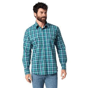 WRANGLER JEANS Shirts Wrangler Men's Wrinkle Resist Deep Lake Long Sleeve Western Plaid Shirt 112318654
