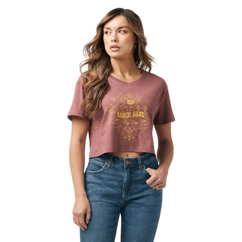 WRANGLER JEANS Shirts Wrangler Women's Yellowstone Ranch Hand Burgundy Heather Crop Tee 112323573