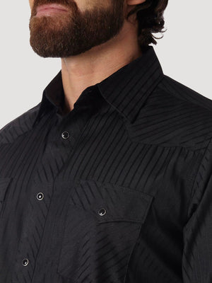 Wrangler Shirts Wrangler Men's Black Dobby Stripe Long Sleeve Western Snap Shirt 75214BK