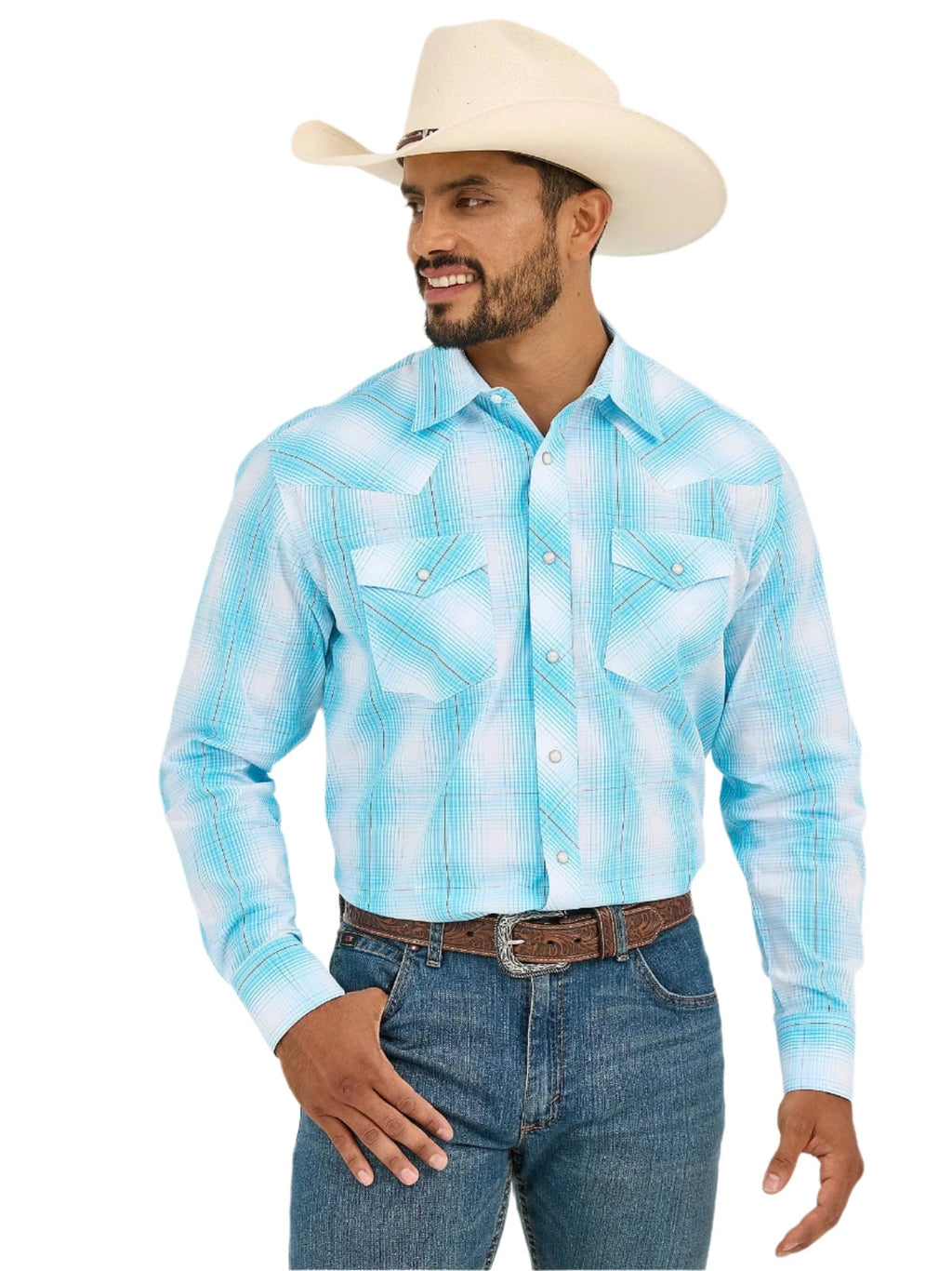 WRANGLER Shirts Wrangler Men's Bright Sky Plaid 20X Advanced Comfort Long Sleeve Snap Shirt 112365392