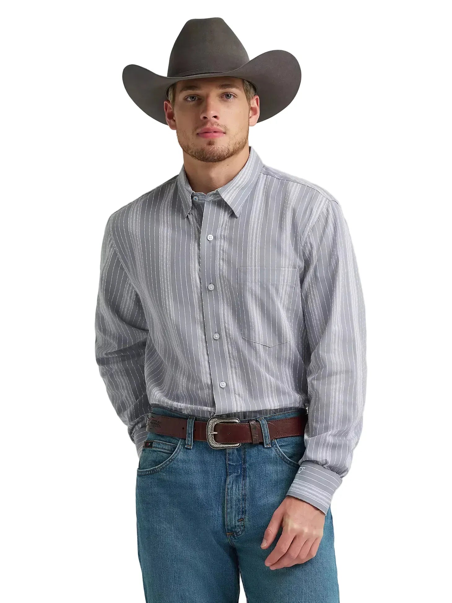 WRANGLER Shirts Wrangler Men's Charcoal Dobby Stripes Cody Johnson Button Down Shirt 112374477