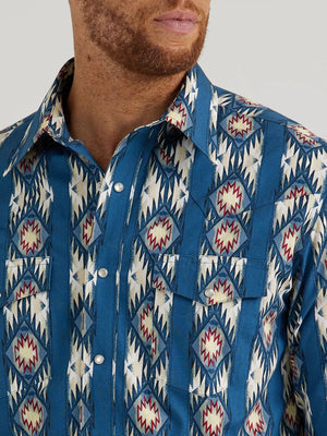 Wrangler Shirts Wrangler Men's Checotah Deep Turquoise Long Sleeve Western Snap Shirt 112344419