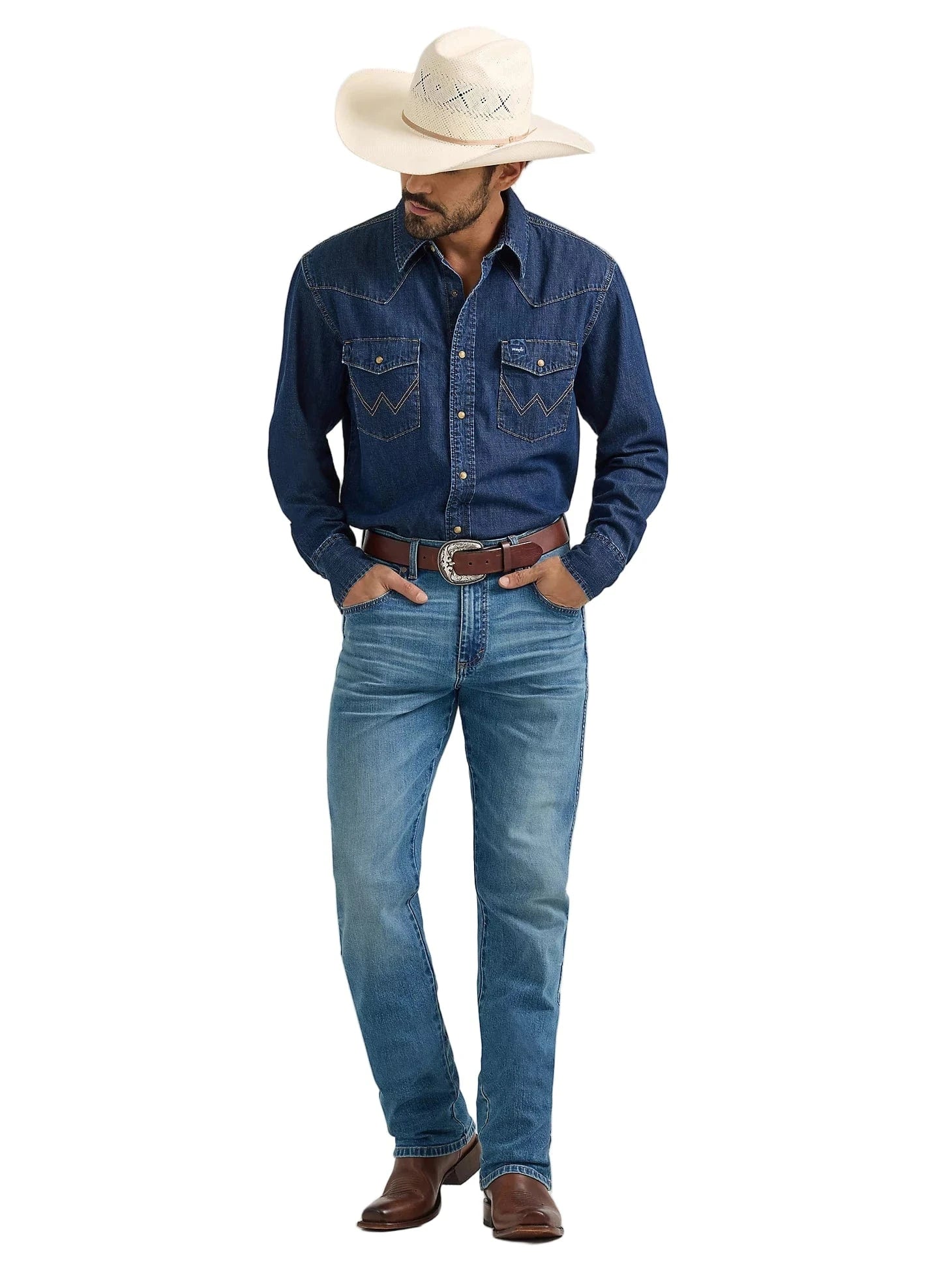 Wrangler Men's Dark Wash Classic Denim Western Shirt 112361700 Wrangler Men's Dark Wash Classic Denim Western Shirt 112361700