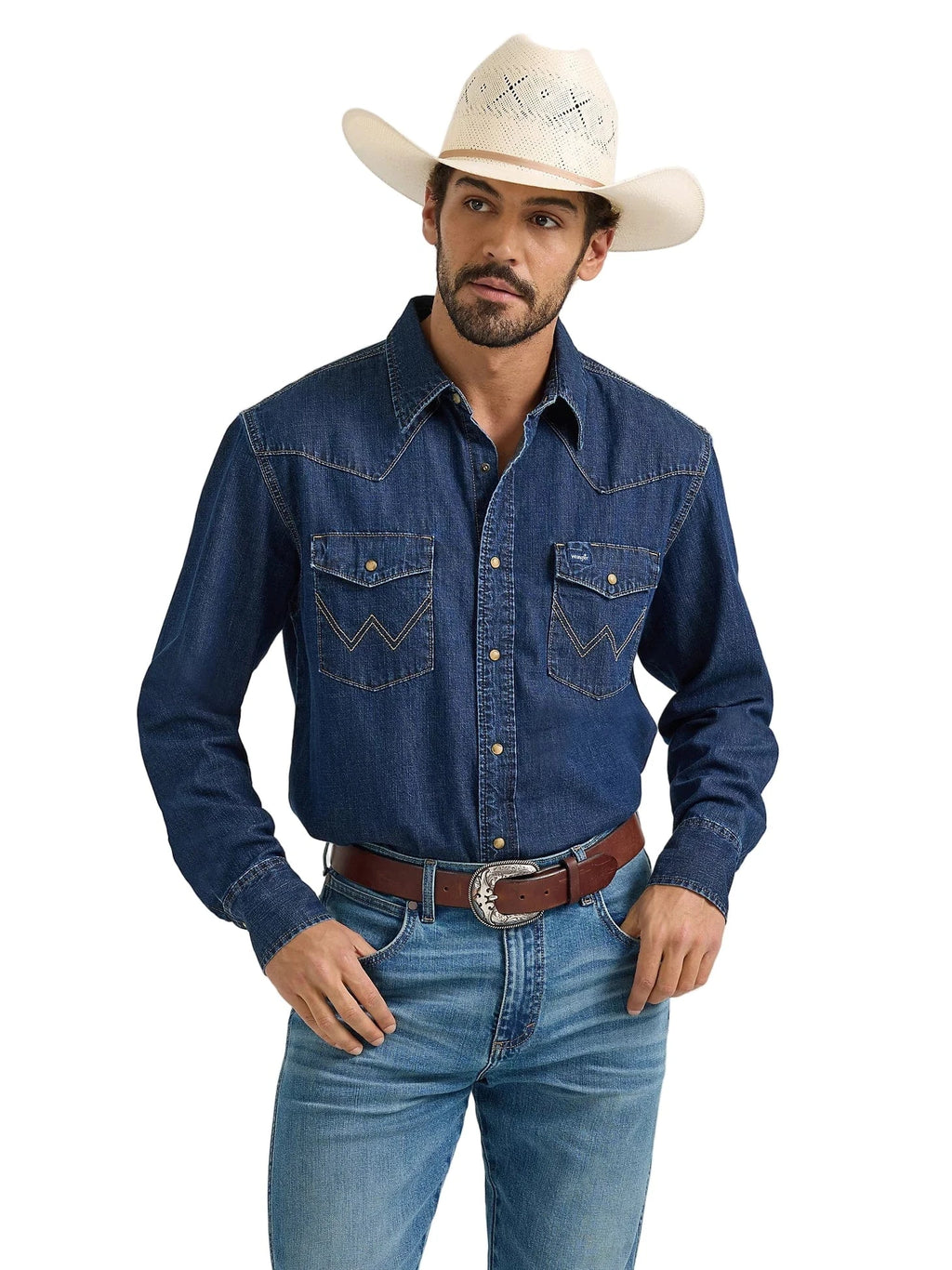 Wrangler Men's Dark Wash Classic Denim Western Shirt 112361700 Wrangler Men's Dark Wash Classic Denim Western Shirt 112361700
